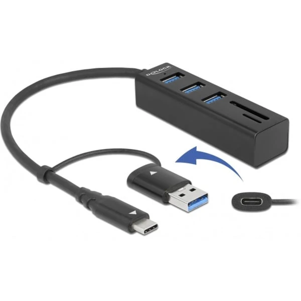 DeLOCK 3 Port USB 3.2 Gen 1 Hub + SD Und Micro SD Card Reader Mit USB Type-C Oder USB Typ-A Anschluss, USB-Hub