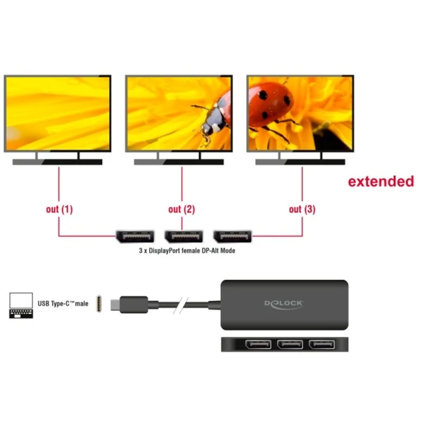DeLOCK USB-C > 3x DisplayPort Splitter MST 4K 60Hz, HDMI Splitter – Bild 3