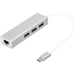 Digitus USB 3.2 Gen 1 Multiport-Hub, USB-C Stecker > 3x USB-A Buchse + RJ-45 Buchse, USB-Hub