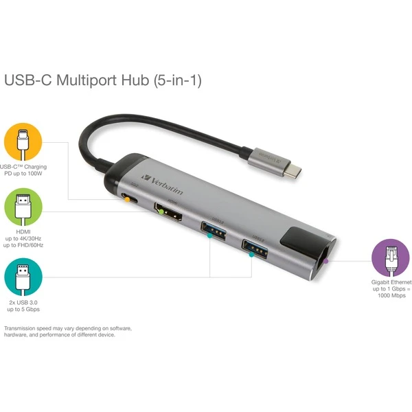 Verbatim USB 3.2 Gen 1 Multiport-Hub, USB-C Stecker > 2x USB-A + USB-C Buchse + HDMI-Buchse + RJ-45 Buchse, USB-Hub 6 Verbatim USB 3.2 Gen 1 Multiport-Hub, USB-C Stecker > 2x USB-A + USB-C Buchse + HDMI-Buchse + RJ-45 Buchse, USB-Hub – Bild 6